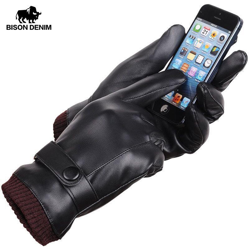 Bison Denim Winter Warm Gloves PU Leather Outdoor Sport Thicken Waterproof Windproof Gloves for Male