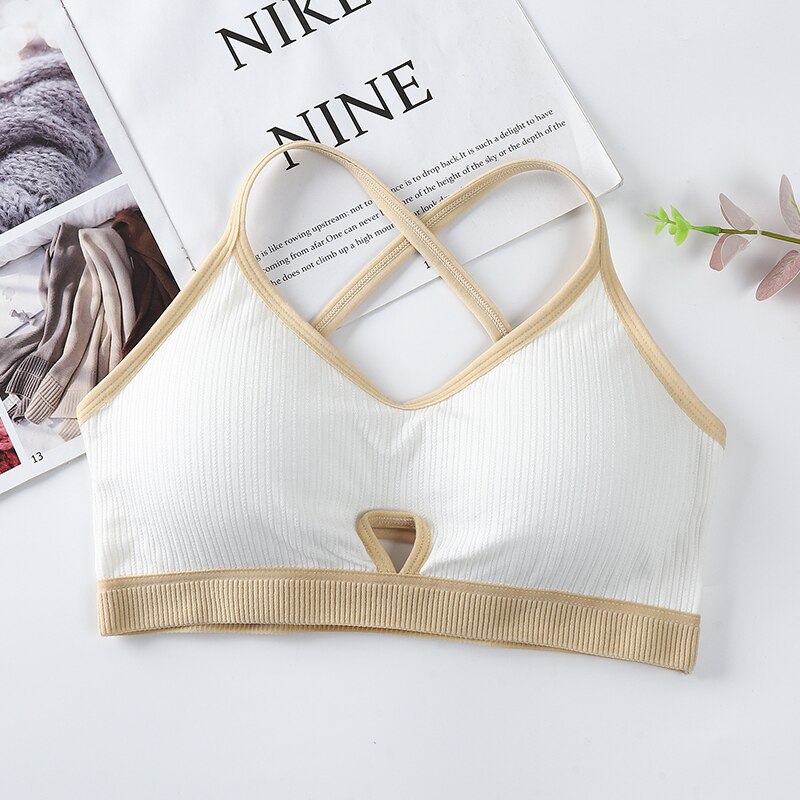 Threaded Beauty Back Tube Tops Sling Wrapped Bra For Women With Pad Sports Bras Comfortable Cotton Sexy Hollow Top Underwear: White