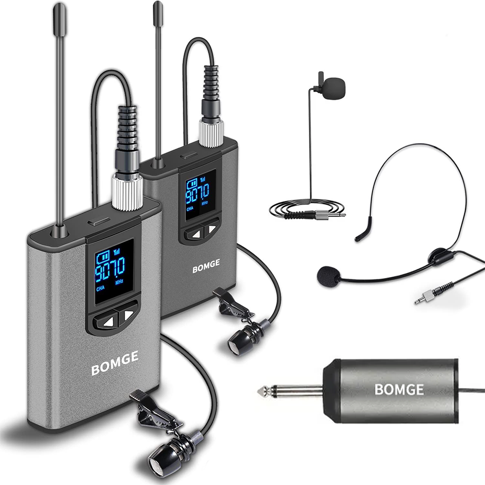 BOMGE Dual Wireless Microphone System Headset Mic/Stand Mic/Lavalier Lapel Mic with Rechargeable Bodypack Transmitter & Receiver: PURPLE