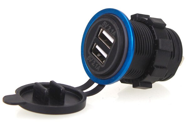 Blauw Aluminium Ring Groen Licht Dual USB Charger Socket Motorfiets Boot voor auto Backlit Licht Met Decoratieve Aluminium Ring