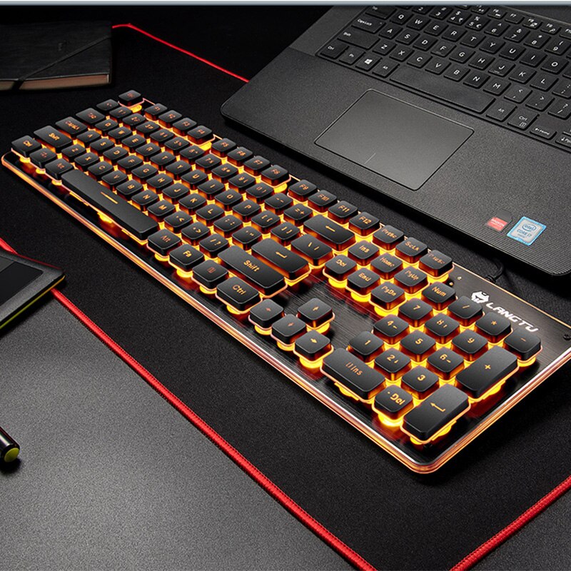 Gaming Keyboard Colorful LED Quiet Keyboard All-Metal Panel USB Wired Anti-ghosting Computer 104 Keys: Black -Orange Light
