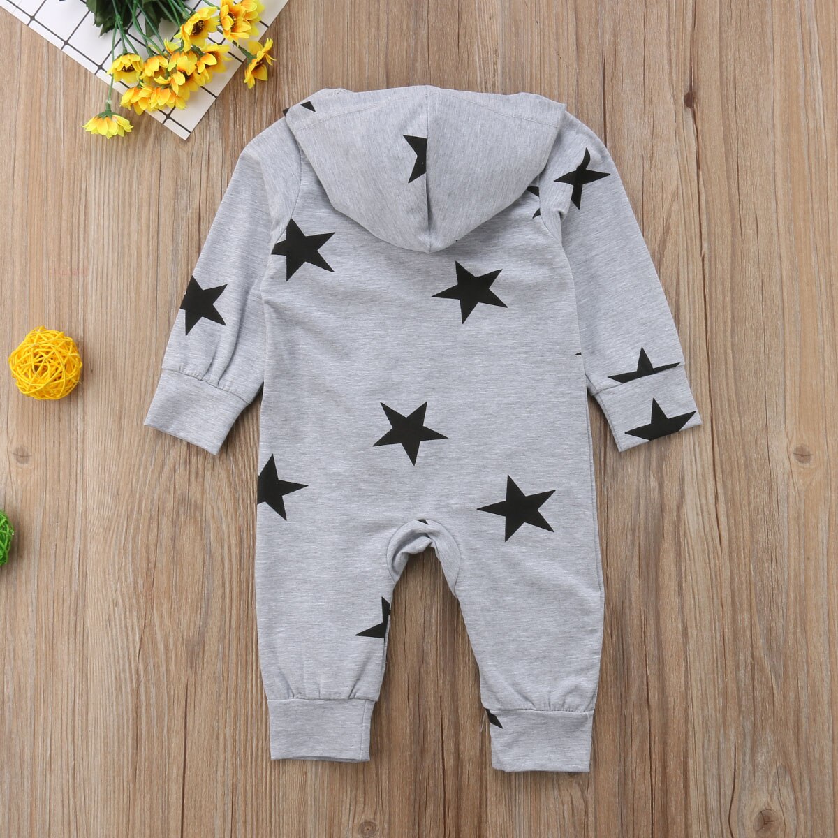 Brand Autumn Winter Toddler Baby Girl Boy Warm Romper Longsleeve Hooded Zipper Star Grey Jumpsuit Playsuit Outfit 0-24M