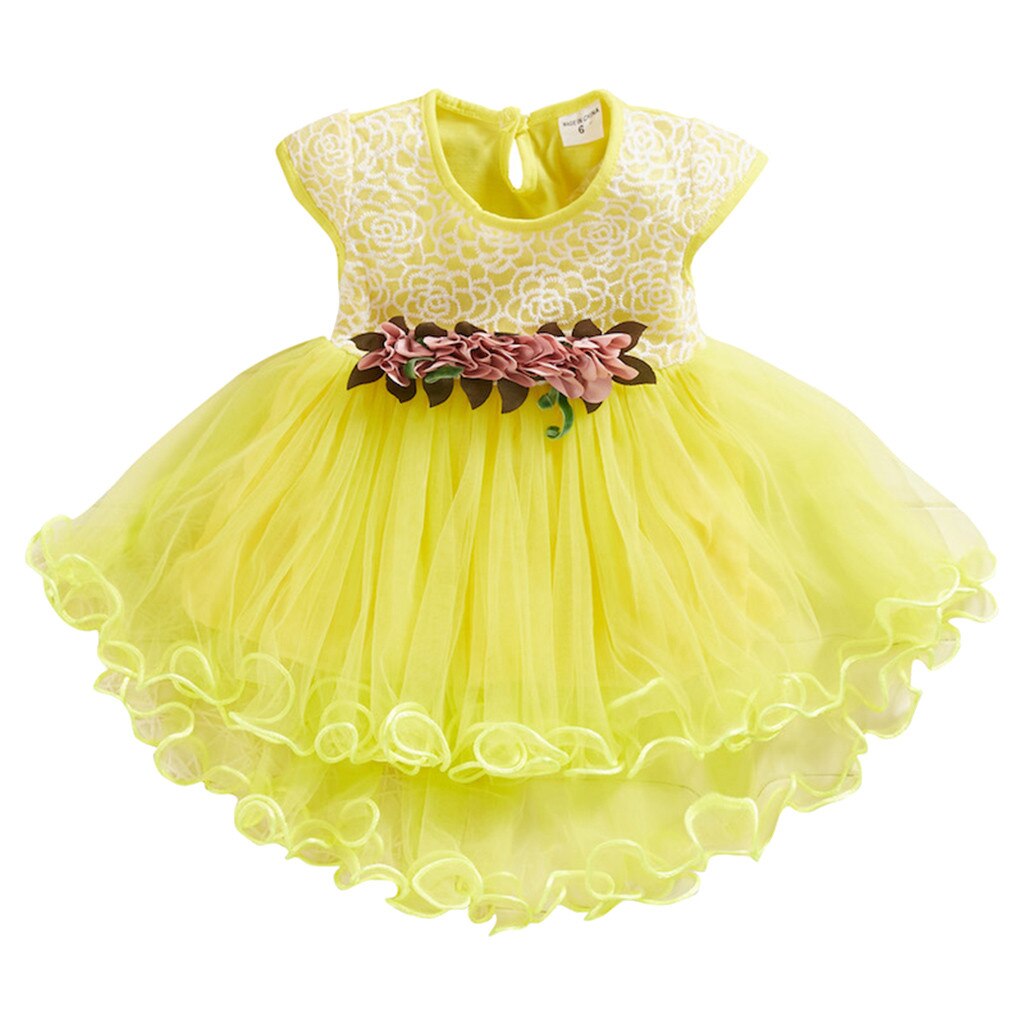 Toddler Girl Flowers Floral Dress Newborn Kid Tulle Ruched Princess Party Dresses Baby Infant Short Sleeve Casual Summer Clothes: Yellow / 6M