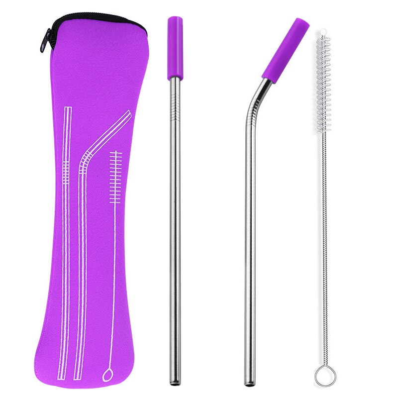 1 set Reusable Stainless Steel Straws Straight Bent Drinking Straws with Silicone Tips Cold Beverage Metal Drinking Straw: purple 2pcs