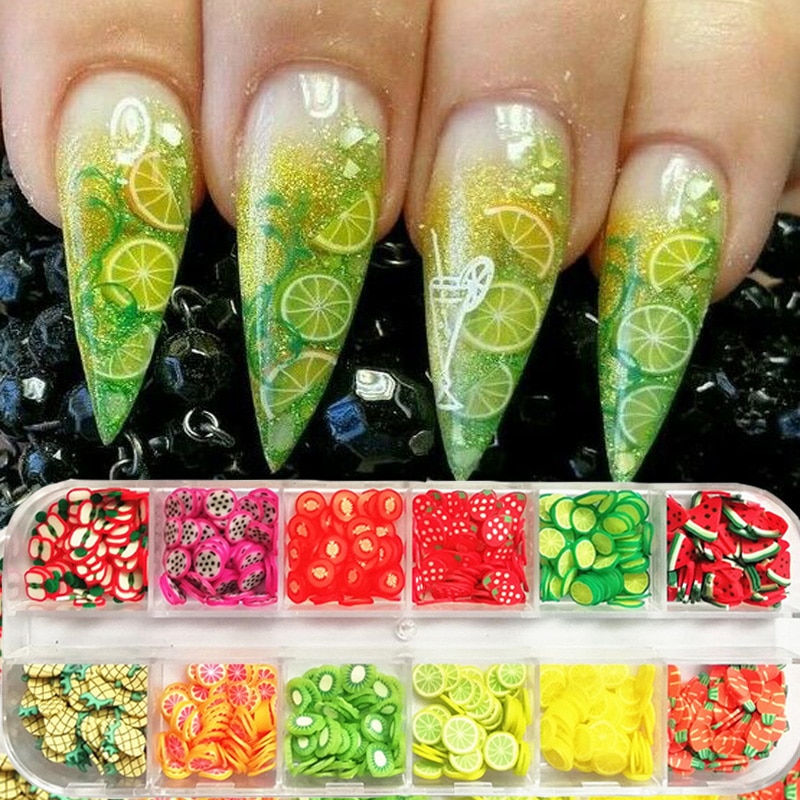 3d nail art tilbehør blandede blomster frugt skåret ler diy negle dekoration neglesmykker 12 gitter/æske