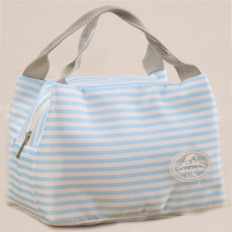 Neueste Lunch Bag Isolierte Kalten Leinwand Streifen Picknick Tragen Fall Thermische Tragbaren Mittagessen Box Frauen Kinder Männer Lunch Box Tasche tote: blue