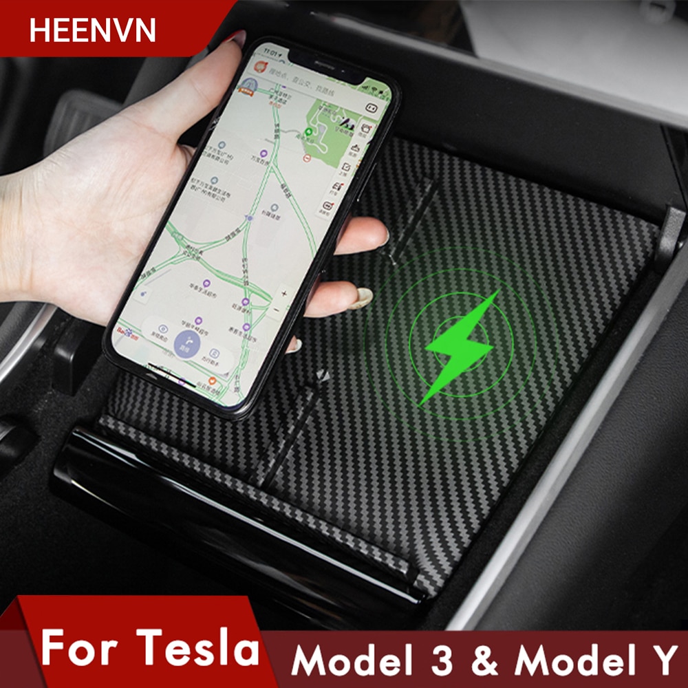 Heenvn Model3 Car Wireless Charger For Tesla Model 3 Y USB Ports Fast Charger Dual Phones Accessories Carbon ABS Model Three