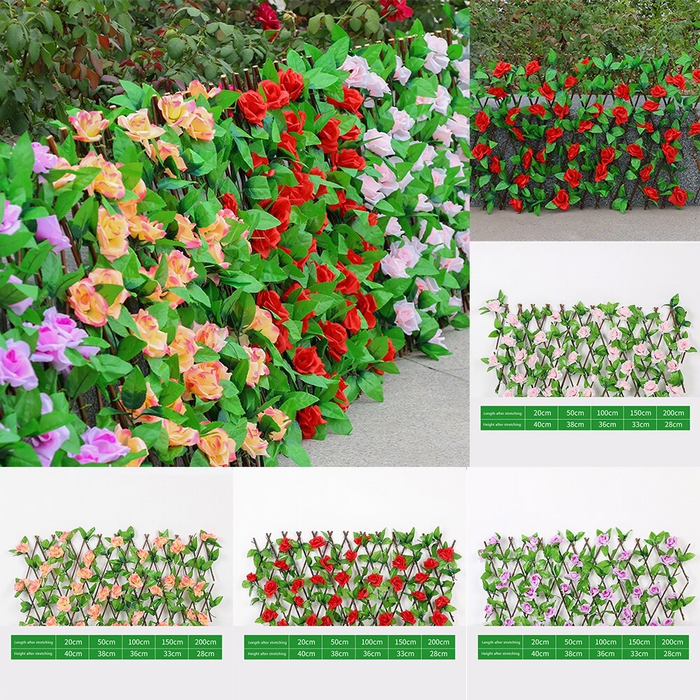 Telescopic Fence Artificial Rose Flower Garden Wall Privacy Fence Outdoor Garden Backyard Balcony Leaf Wood Telescopic Fence