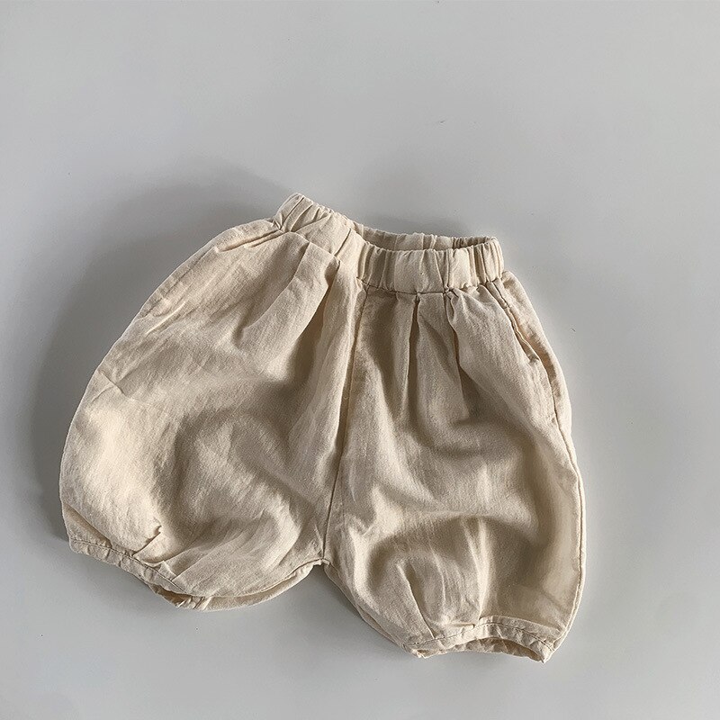 2022 Frühling Kinder lässig kurze Hose Baby Baumwolle Leinen- kurze Hose niedlich Jungen Pp Hose fest Kinder kurze Hose Mädchen lose kurze Hose: beige / 12M  80cm