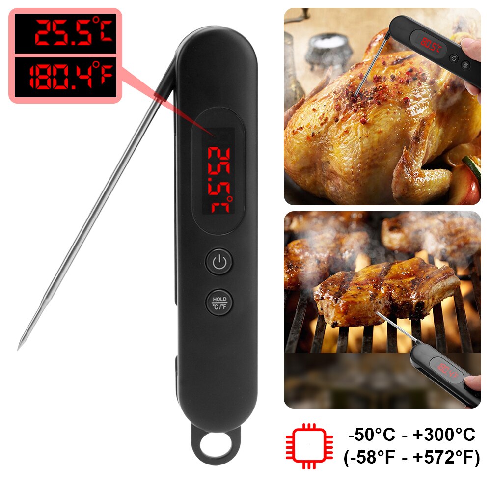 Folding Digital Meat Thermometer Probe Wireless Instant Read Kitchen Cooking Food Thermometer Long Stainless Steel Probe for BBQ