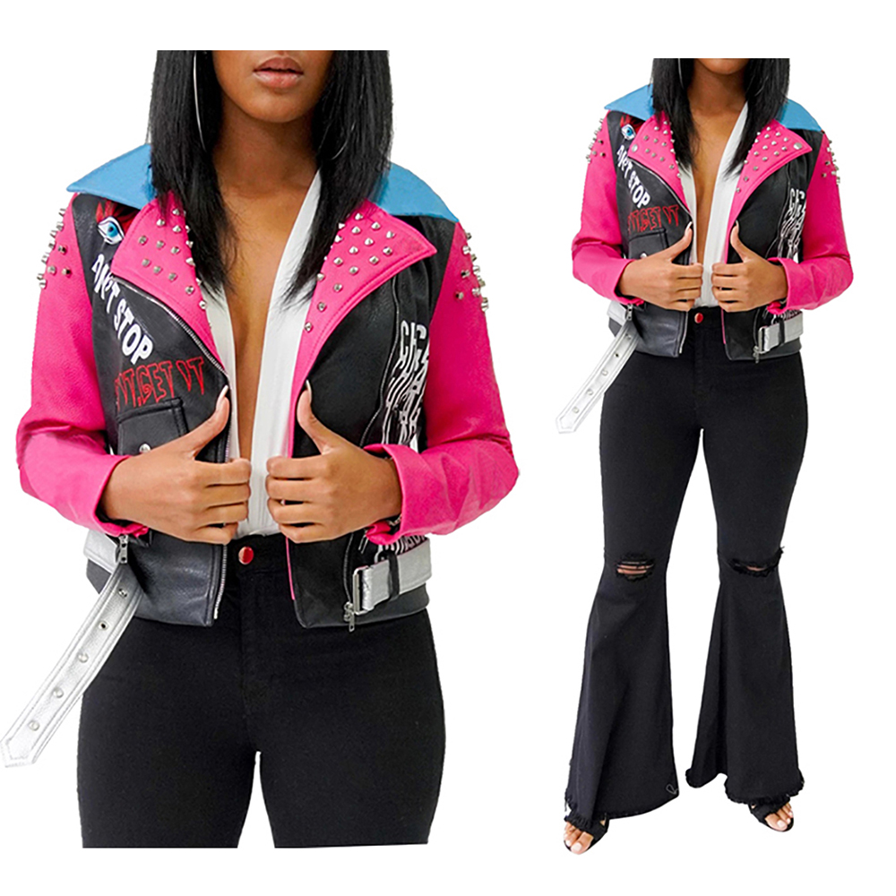 Frauen Niet Druck Revers Kontrast Farbe Zipper PU Leder Modische Mantel Lange-sleeve Kurze Jacke