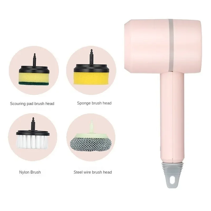 4in1 Electric Cleaning Brush Multi-Functional Cleaning Cloth Brush Household Automatic Handheld USB Charging Kitchen Bathroom: Pink
