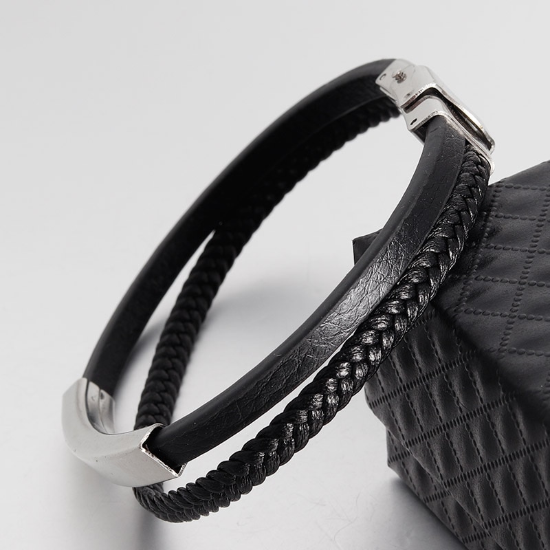 Lederen Armband voor Mannen 316L Rvs Stijl Veiligheid Sluiting Polsband Vintage Mode-sieraden