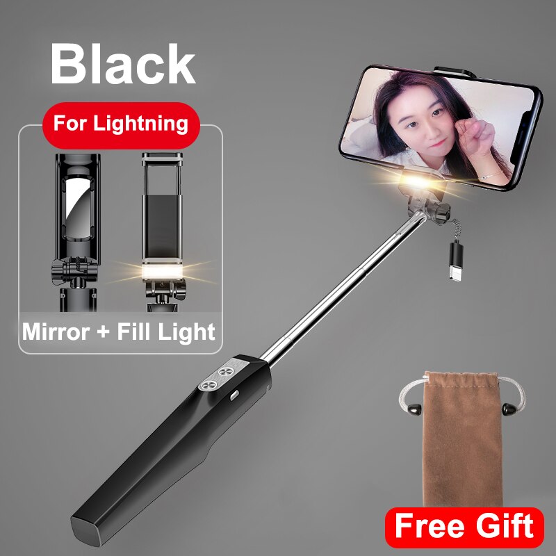 Baseus Wired Selfie Stick Voor Iphone Met Beauty-Huid Vullen Licht Achteruitkijkspiegel Uitschuifbare Zelf Stok 3.5 Mm Jack voor Samsung Huawei: Black For lighting