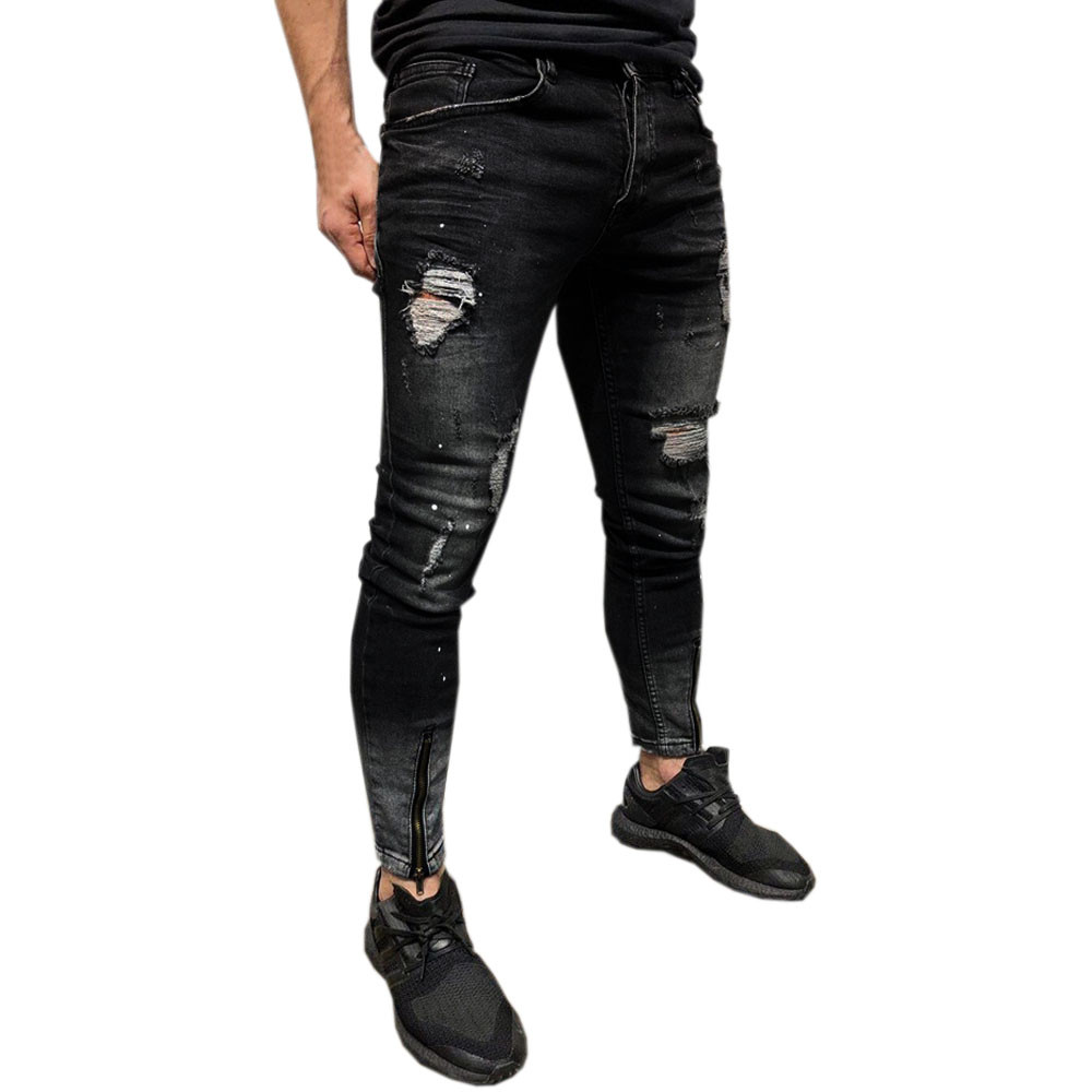 Mens Skinny Stretch Denim Pants Distressed Ripped Freyed Slim Fit Jeans Trousers Celana Jeans Pria Mens Jeans Vaqueros Hombre: L