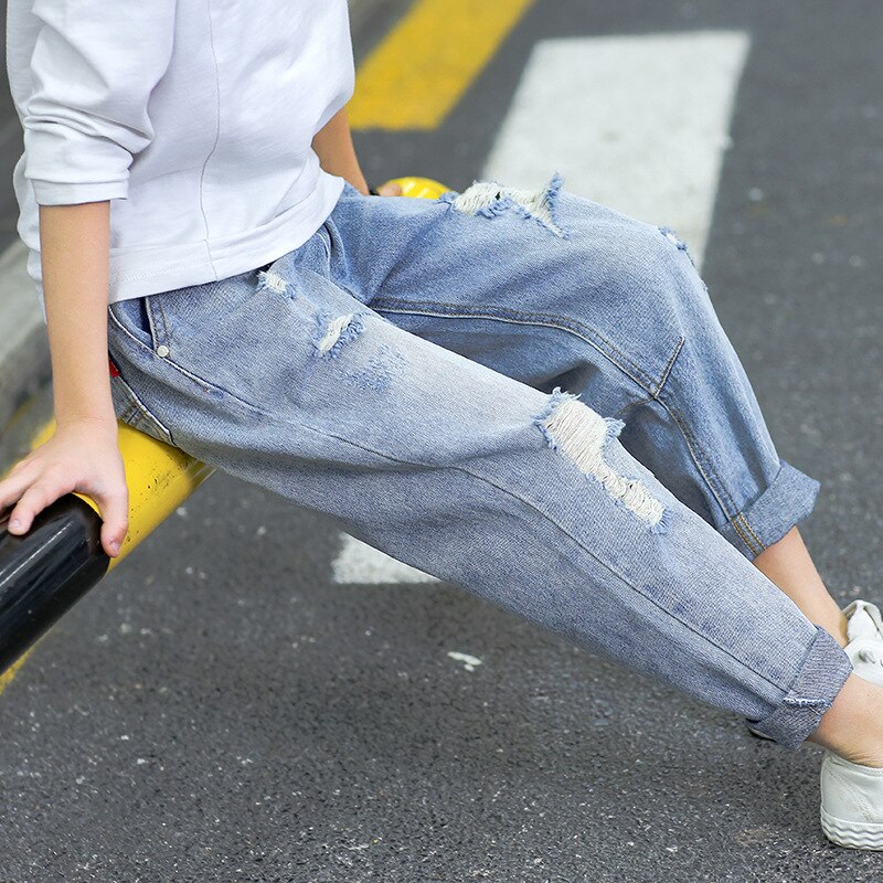 Crianças jeans meninos adolescentes outono clássico calça longa moda buraco denim calças jeans criança casual para meninos roupas 10 anos 6-14y