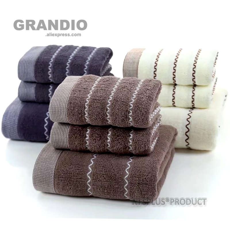 Bomuldsbadehåndklæde til voksne hvidbrun mørkegrå bølgemønster hånd sport ansigt håndklæde absorberende frottéhåndklæder indstillet til badeværelse