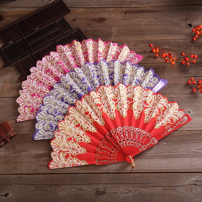 Exquisite Folding Fan Floral-Print Lace Silk Stamping Hand Held Fan For Wedding Dance Party Stage Performance Decoration
