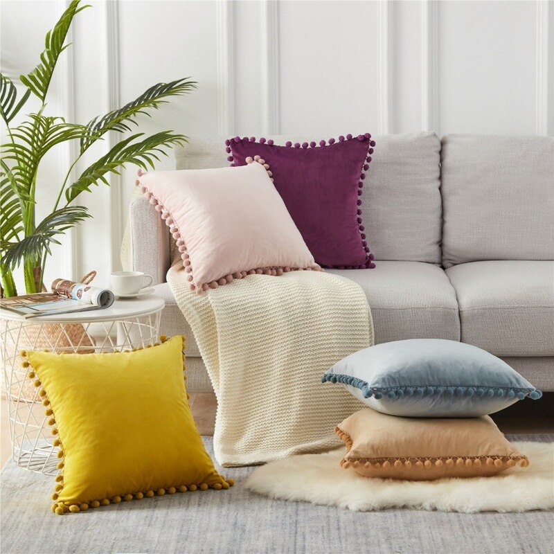 Vihreä sininen harmaa vaaleanpunainen massiivi sametti koriste tyynyliina pehmeä sametti tyynynpäällinen pompom pallo sohvatyynynpäällinen 30 x 50cm