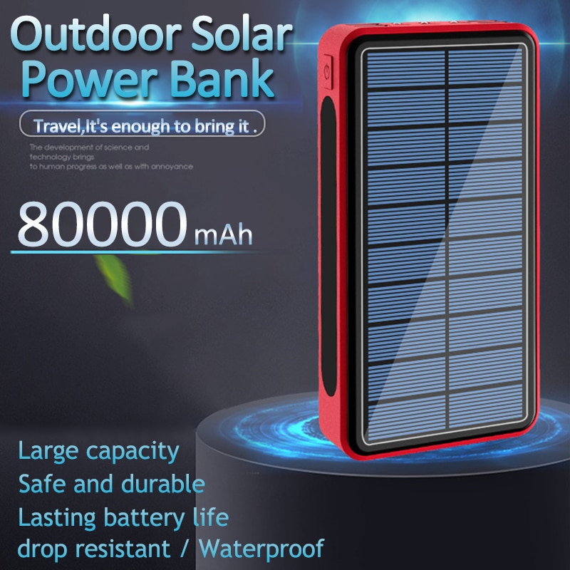 80000mAh Solar Power Bank Solar Panel Waterproof and Dustproof Outdoor Emergency 3 LED Light Charger for Xiaomi IPhone Samsung