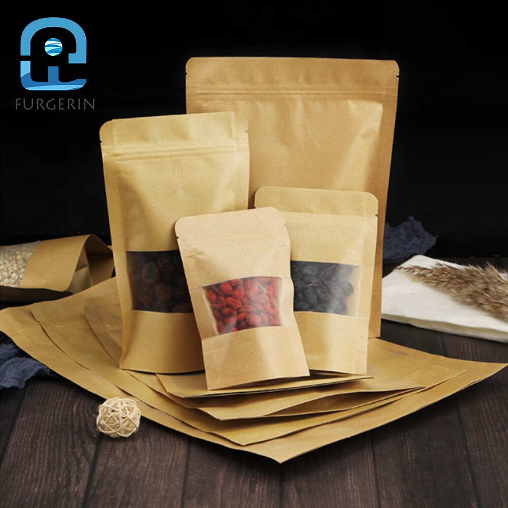 FURGERIN 10pcs Brown Kraft Paper Bag stand up zip bag for food packaging bags window Eco Friendly Reusable Produce Bags