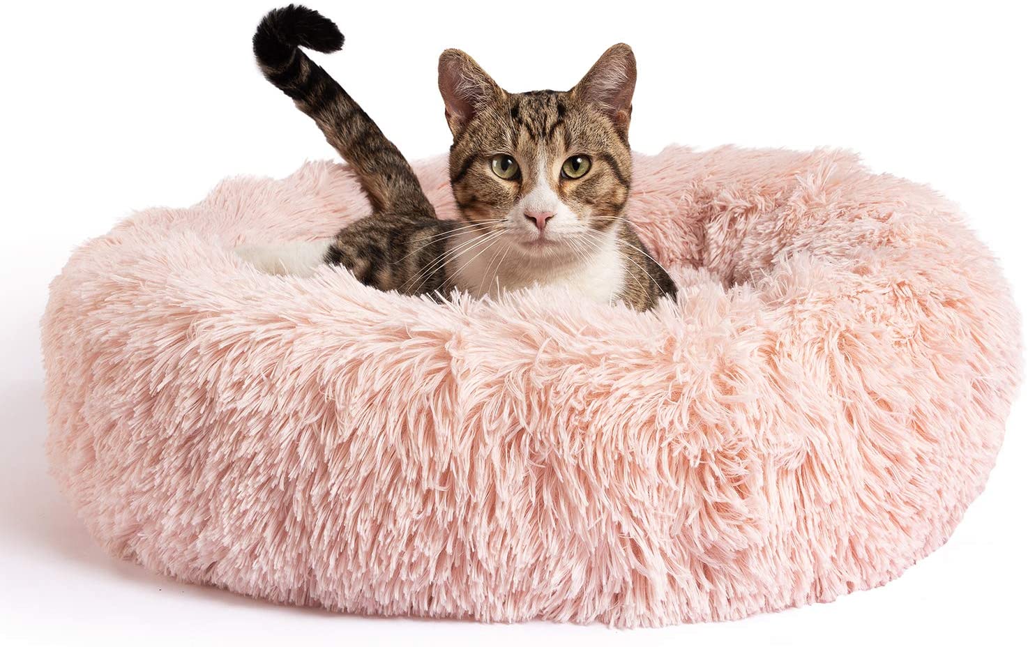 Lit Donut calmant pour chat et chien, en fourrure à poils longs, dimensions et valeur de lot pour animaux domestiques jusqu'à 150 livres, lavable en Machine: Rose / Small 23 inches