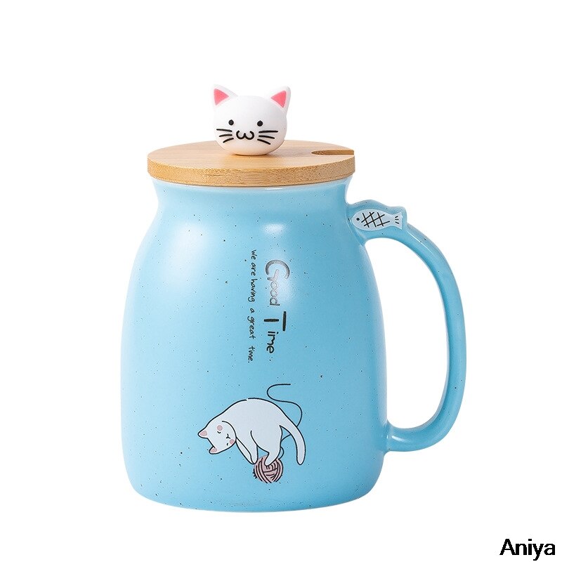 Cartoon Ceramics Cat Mug With Lid and Spoon Coffee Milk Tea Mugs Breakfast Cup Drinkware Heat-Resistant Mug Color