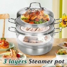 3-layers 410 Stainless Steel Steamer Pot Steaming Cookware Pot Cookware Multifunctional Use, Boil, Steam and Stew Portable