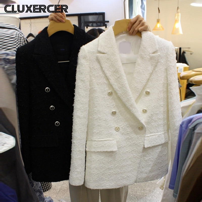 Tweed veste longues manches femme, Blazer de bureau femme Double boutonnage blanc noir veste femme veste printemps automne