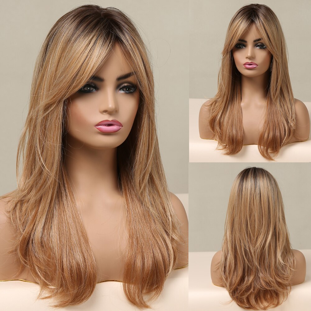 ALAN EATON Ombre Black Brown Long Wave Synthetic Wigs with Full Bangs For Black Women Heat Resistant Fibre Cosplay Party Daily: lc6140-1