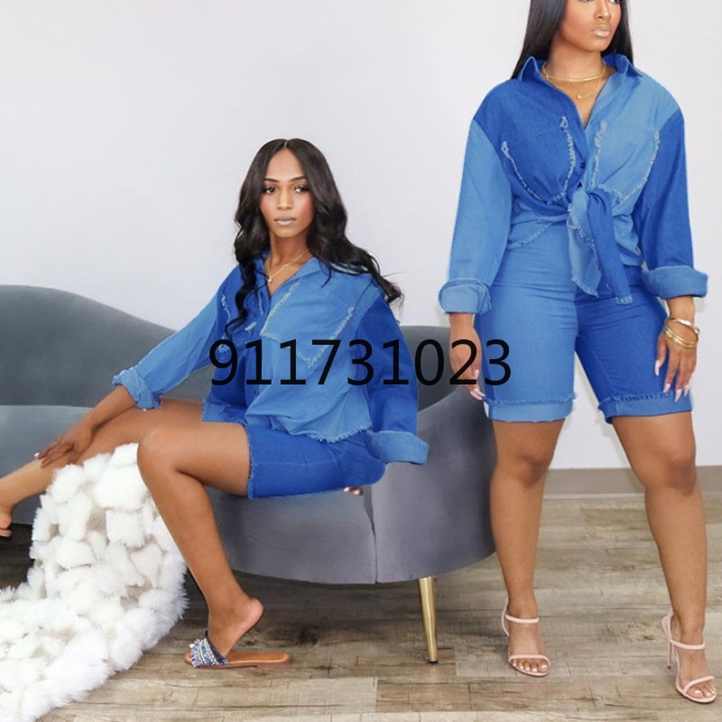 Sales High-end Denim Set Young Daily Free Sweet Solid Full Sleeve Group Knee Length Slim Women 2 Piece Set