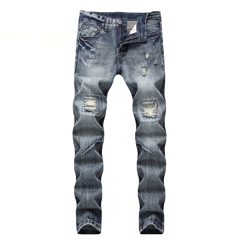 Rippade jeans män denimbyxor märke klassisk denim stor storlek förstört retro slim fit typ bomull