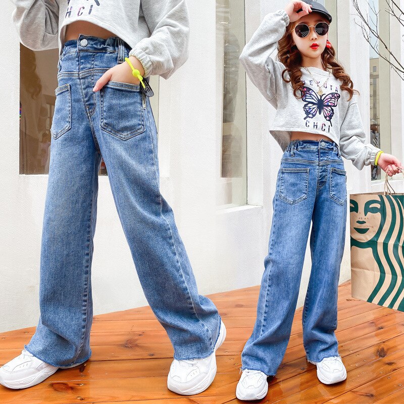 Jeans Baggy Fille Ado - Pantalon Décontracté élastiqué Taille 5-14 Ans, Style Streetwear, Confortable Pour école, Loisirs