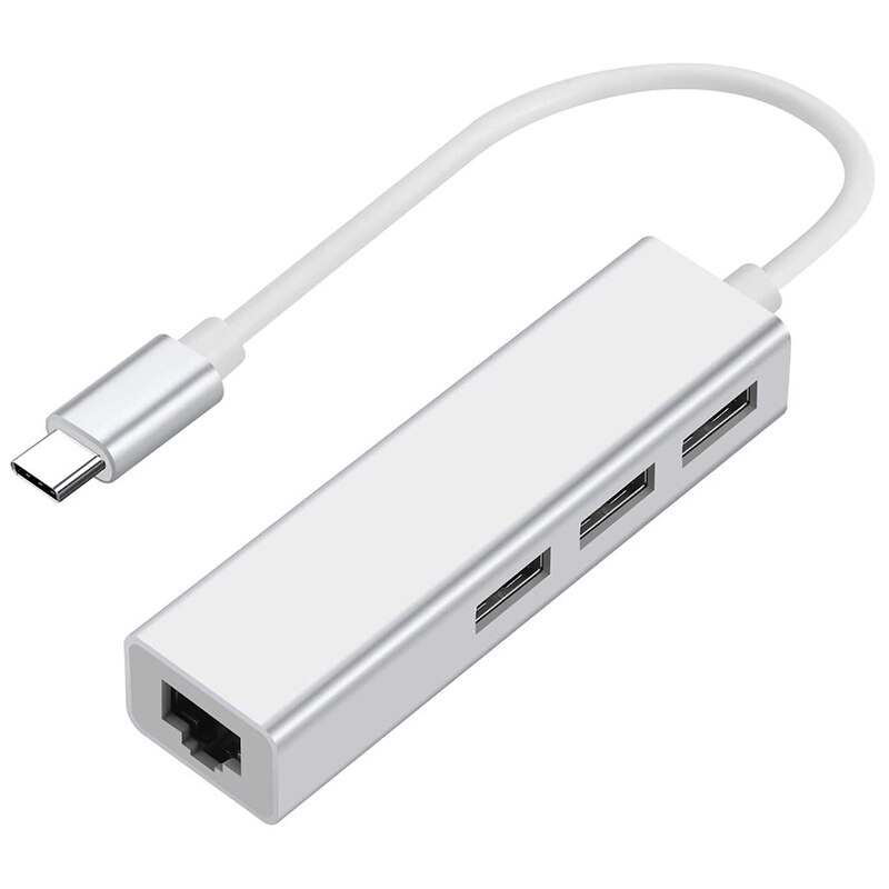 Adaptador USB-C A Ethernet con 3 puertos USB, Hub tipo C con multipuerto de red Ethernet RJ45 4-en-1 (A, Plata): Default Title