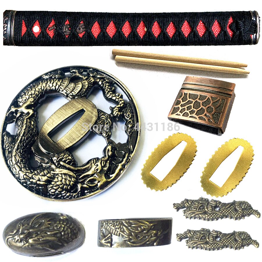 Drage tema sværdvagt til katana / wakizashi fittings sæt kirsite tsuba + menuki + fuchi + kashira + håndtag + habaki + seppa metal håndværk: Indstillet håndtag