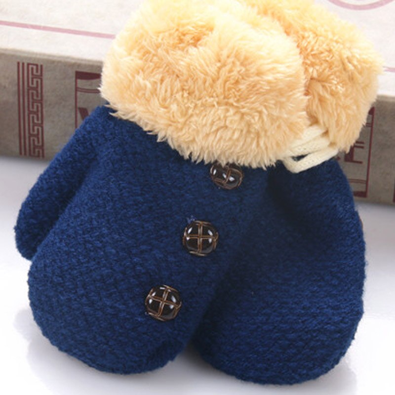 Knitted Full Finger Winter Gloves Kids Wool Warm Boys Children's Mittens Solid Color Rope Glove Girls Button Decoration: Blue