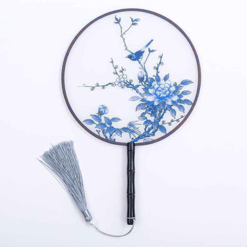 Hanfu Circular Fans Vintage Tassel Long Handle Ancient Chinese Style Court Dancing Round Fan Classical Printed Wedding Round Fan