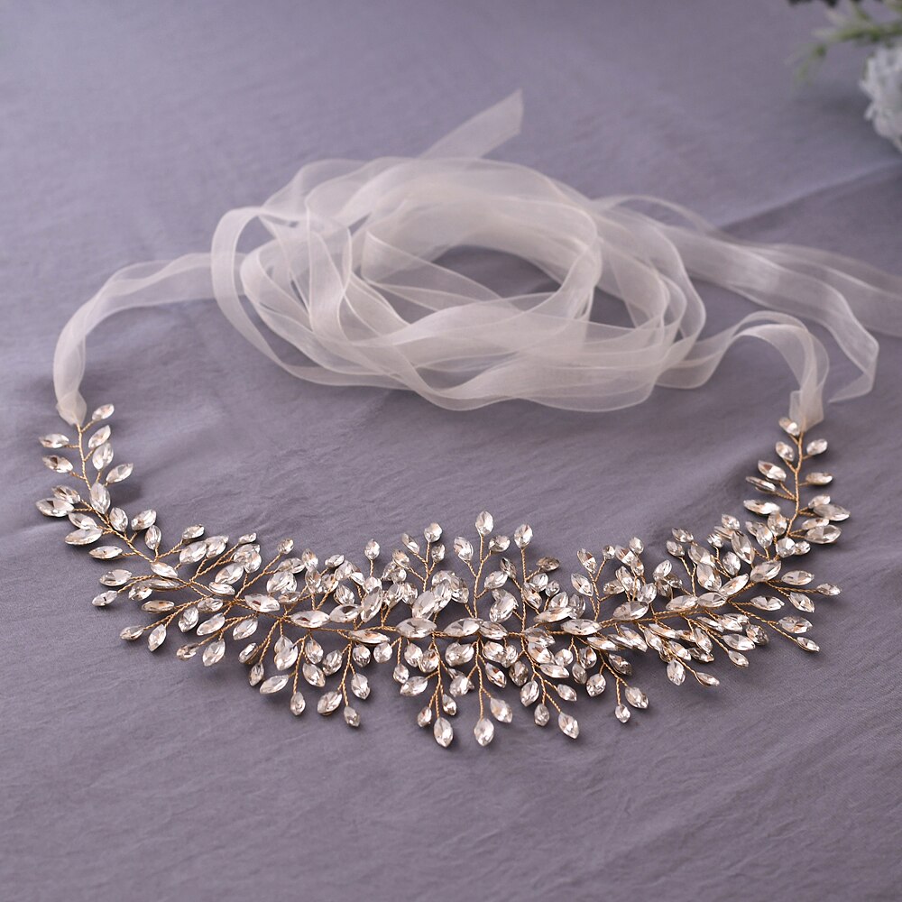 YouLaPan SH237-G złoty pas ślubny z kryształ górski moda koralik pas cienki szarfa pasek zachodnie pasy aplikacja ślubna szarfa pasek: kość słoniowa organza