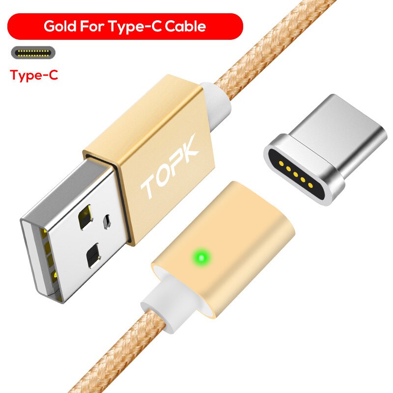 Topk  am21 magnetisk kabel usb type c kabel & mikro usb kabel nylon flettet led indikator data sync magnet opladerkabel: Guld type-c kabel / 2m