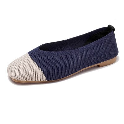 Ms. Grandma's shoes square head shallow mouth one foot peas shoes knit flat single shoes wild: Blue / 5