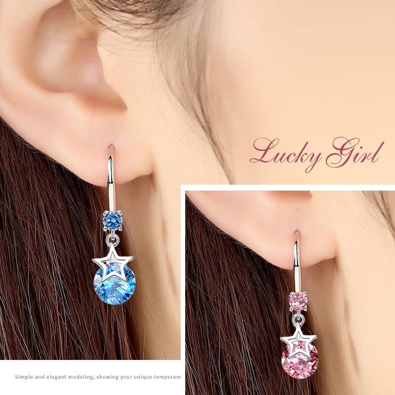 NEHZY 925 sterling silver woman jewelry blue pink crystal zircon five-pointed star long tassel retro hook earrings