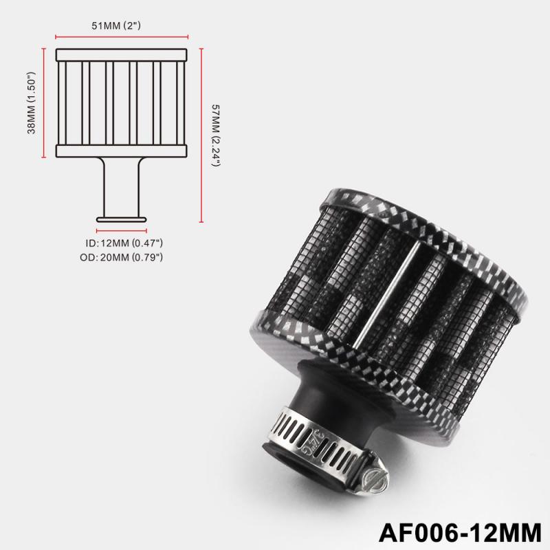 Interfaz Universal de 12mm para filtros de aire de motocicleta, Filtro de aire frío cónico de plata para coche, cárter de ventilación de Turbo