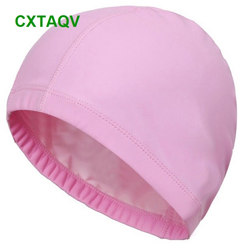 Comfortable Fit Adult Men Women Blank Swimming Cap Elastic Waterproof PU Fabric Protect Ears & Long Hair Swim Pool Hat: Pink