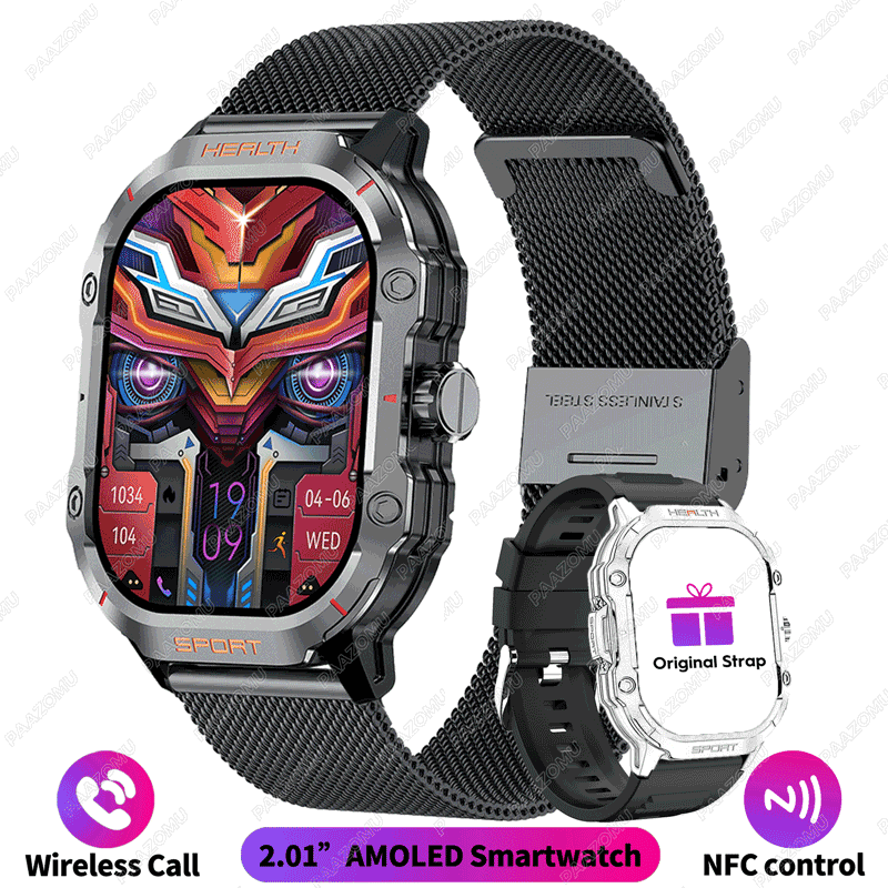 2025 nowy wojskowy Smartwatch 2.01 "AMOLED BT odpowiedź/zadzwoń NFC 100+ trybów sportowych opaska monitorująca aktywność fizyczną inteligentne zegarki dla android iOS: Niebieski