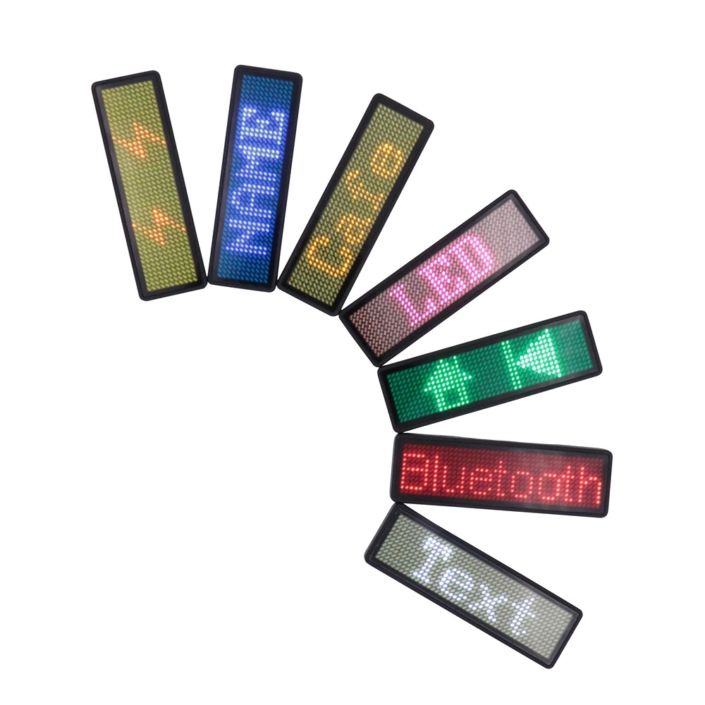Insignia de nombre LED bluetooth, completamente nueva, compatible con varios idiomas, multiprograma, pantalla LED pequeña, pantalla de texto HD, patrón de dígitos,