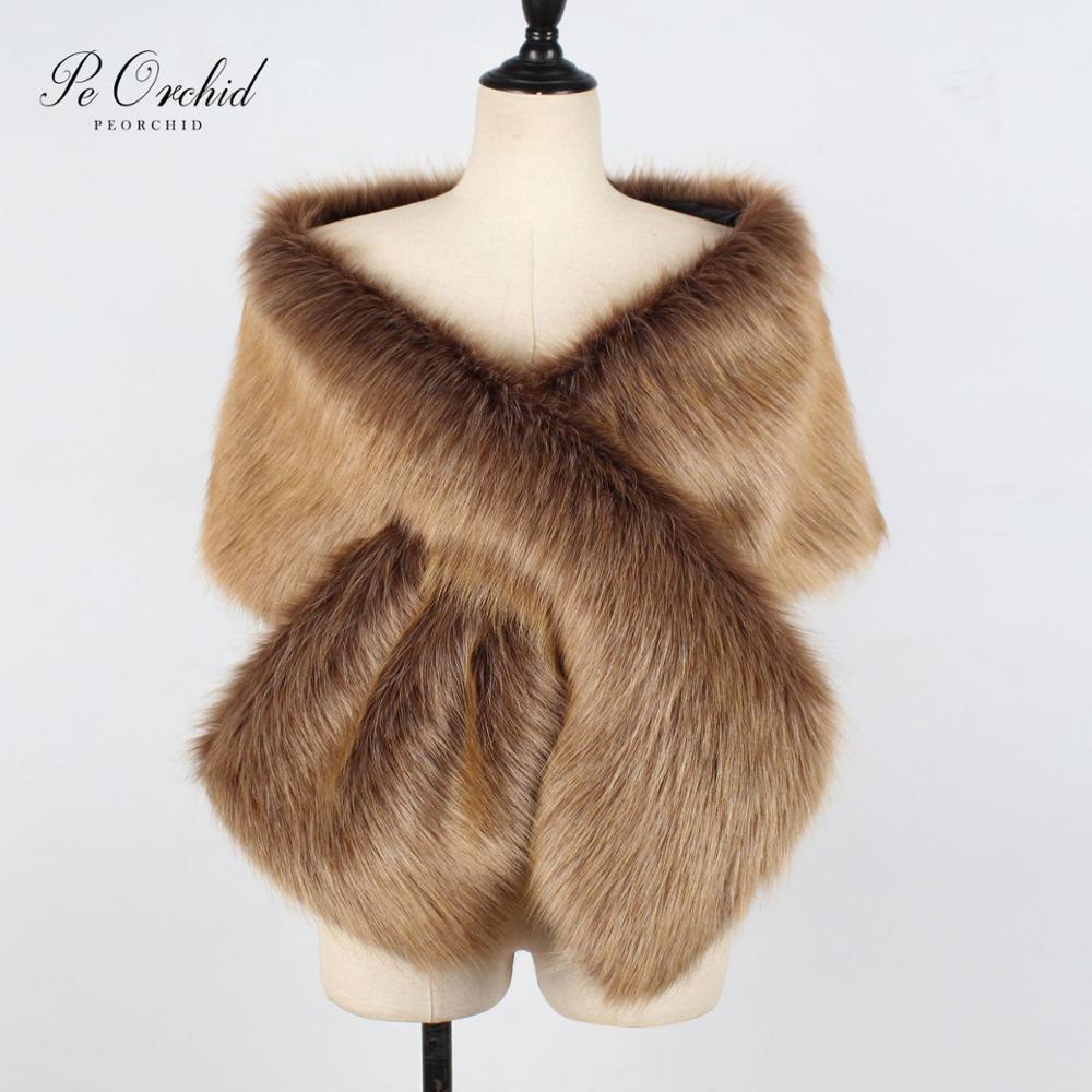 PEORCHID Blue Faux Fur Wedding Shrug Bolero Bridal Shawls And Wraps Stola Elegante Donna Red Women Party Winter Wedding Cape