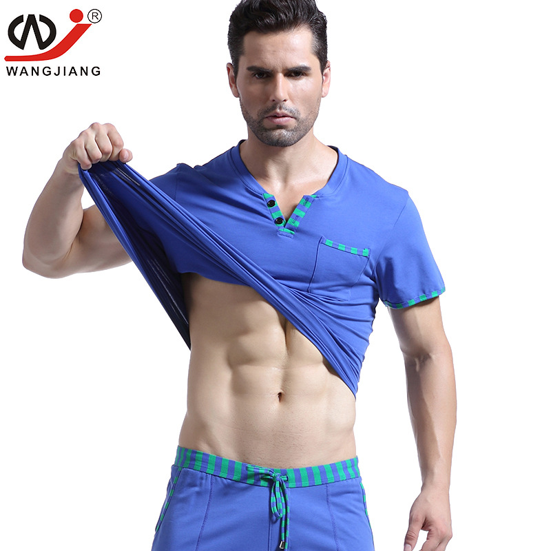 WJ Men&#39;s Casual Wear Cotton Clothes Home Furnishing V Neck Short Sleeved Men Comfortable Shirt(not Include Pants): Blue / XL