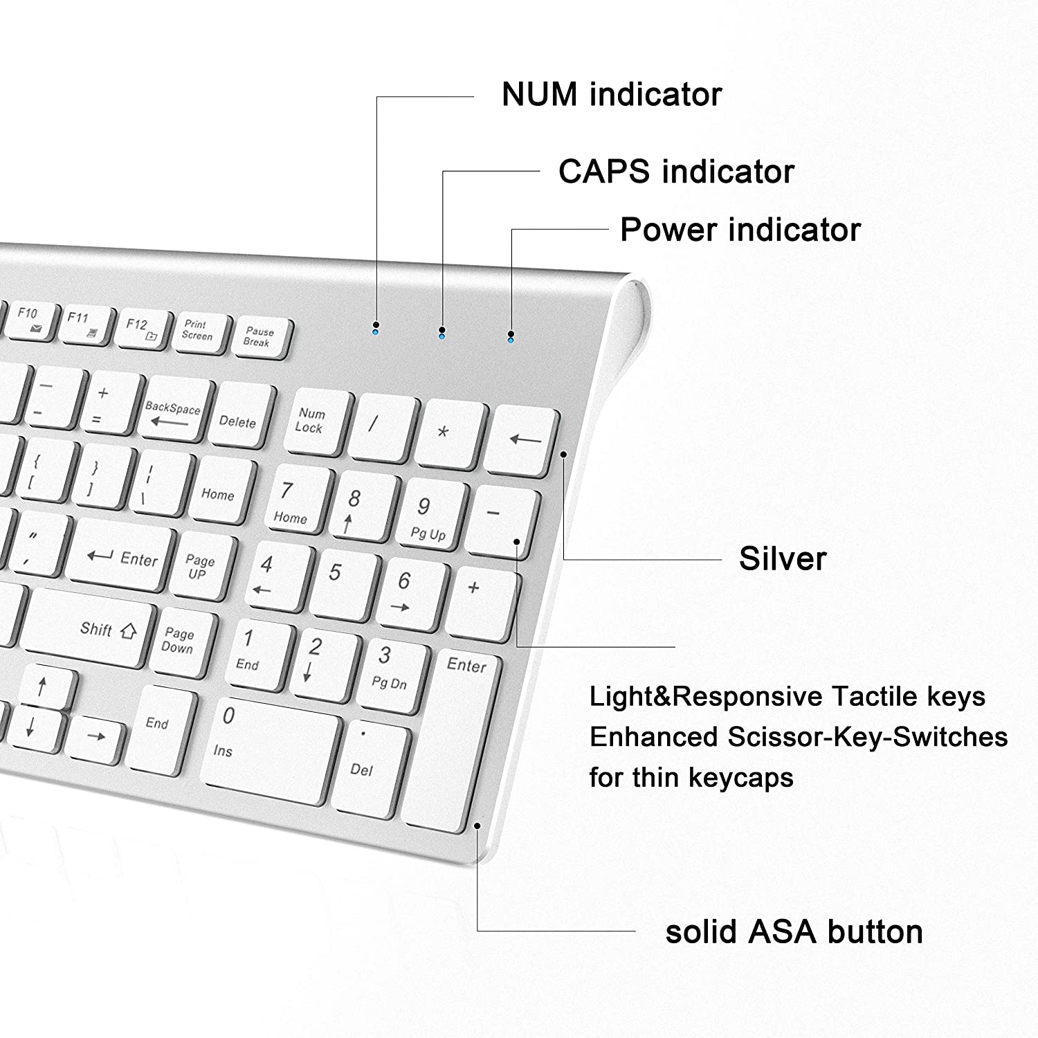 Wireless Keyboard Mouse,Full Size With Numeric Keys。Compatible with IMac Mac PC Laptop Tablet Computer Windows (Silver White)