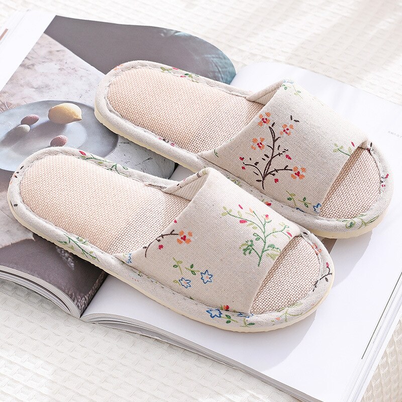 1 Paar Linnen Katoen Vrouwen Slippers Cartoon Bloemen Bedrukte Thuis Gast Indoor Slippers Foam Onderkant Flip Flop Schoenen Hotel Slippers: tree branch / S