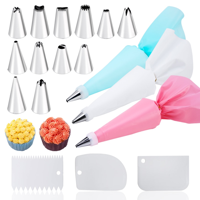 Juego de 6-24 Uds. De bolsa de repostería y boquilla para pastel de acero inoxidable, accesorios de cocina para decorar panadería, equipo de confitería